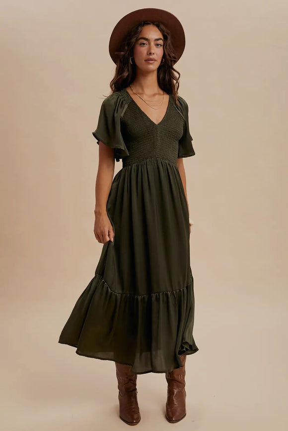 Mia Smocked Washed Satin Dress in Olive