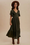 Mia Smocked Washed Satin Dress in Olive