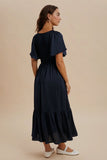 Mia Smocked Washed Satin Dress in navy