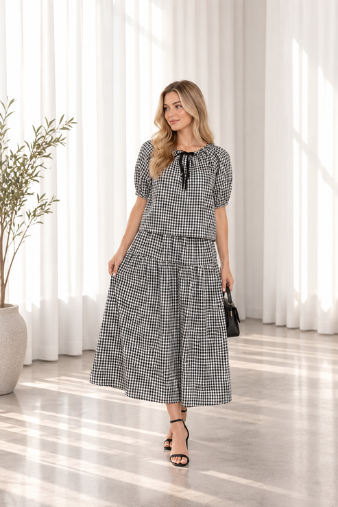 Gingham Top and Skirt Set - ivory / balck