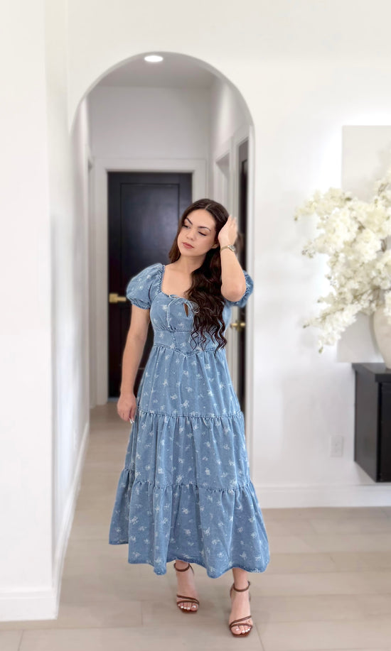 Floral Washed Denim Corset Tiered
Midi Dress