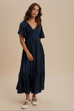 Mia Smocked Washed Satin Dress in navy