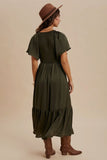 Mia Smocked Washed Satin Dress in Olive