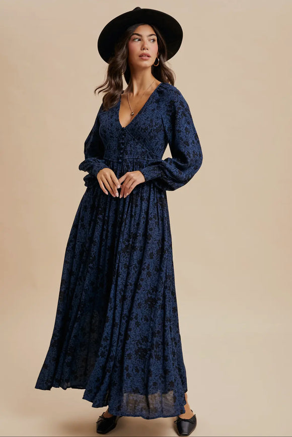 AILANY SMOCKED FLORAL MAXI DRESS IN NAVY