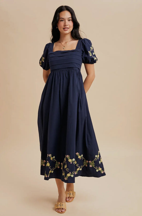 Paola Embroidered Pleated Maxi Dress