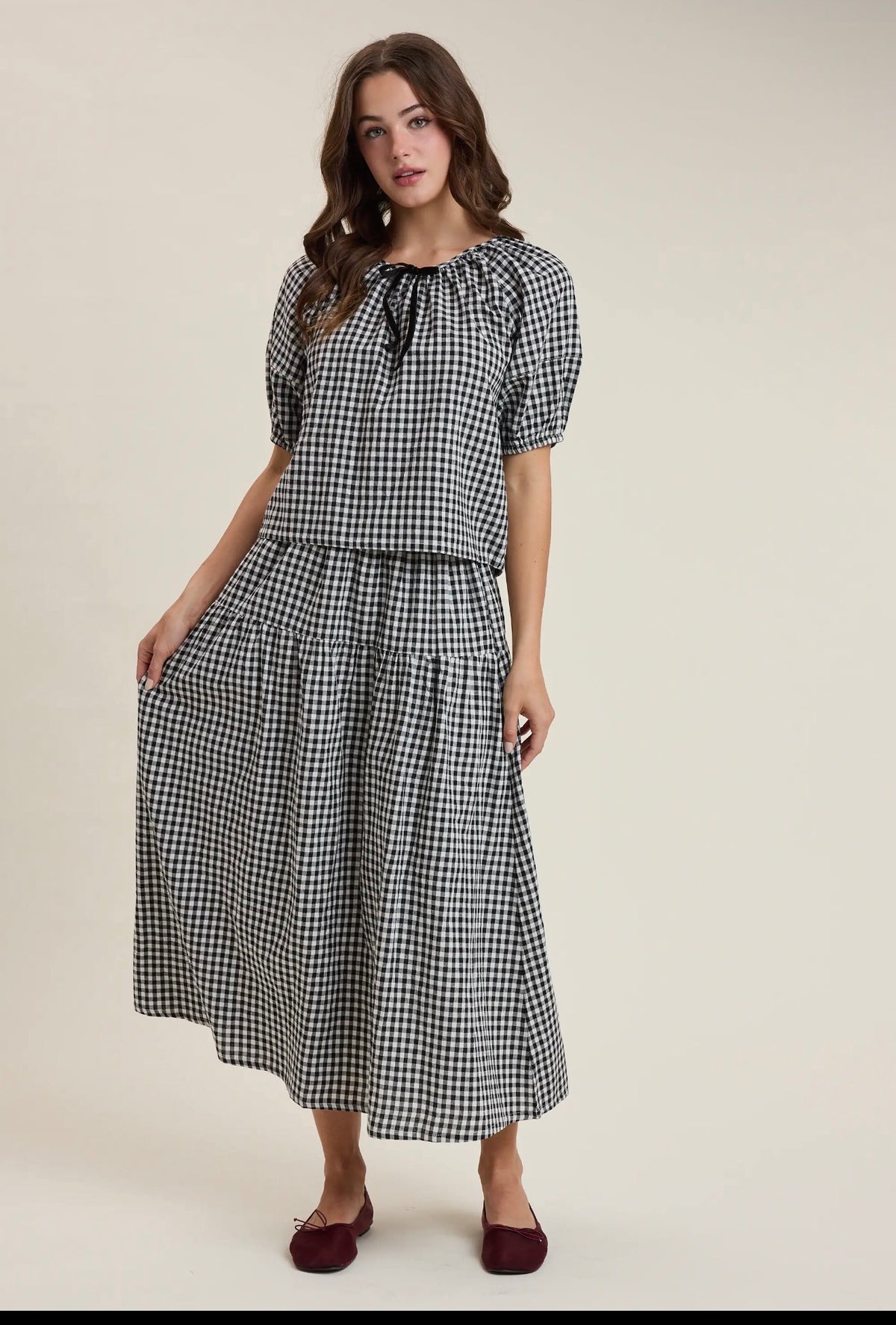 Gingham Top and Skirt Set - ivory / balck