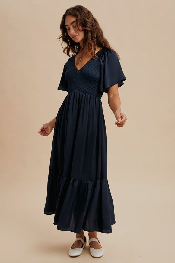Mia Smocked Washed Satin Dress in navy