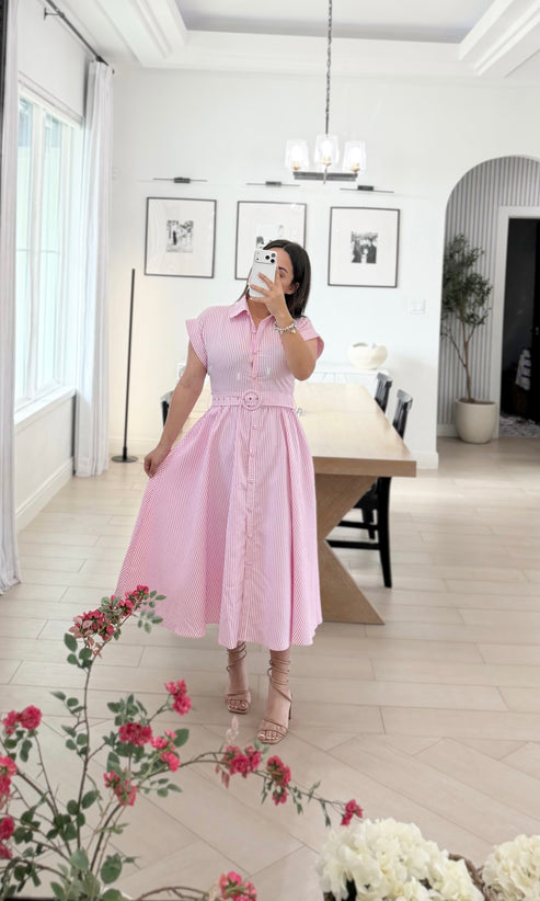 GIA PINK STRIPE BELTED COTTON MIDI DRESS