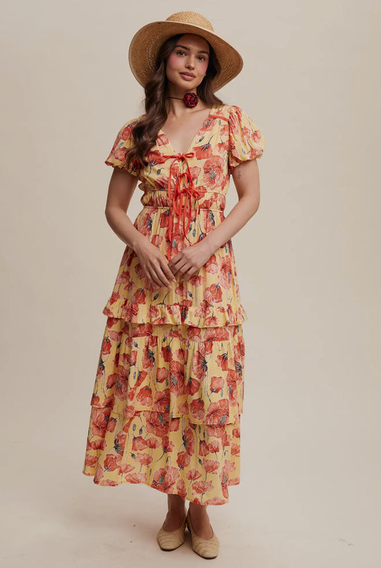 HONEY BLOOM In Yellow Floral Tiered Maci Dress