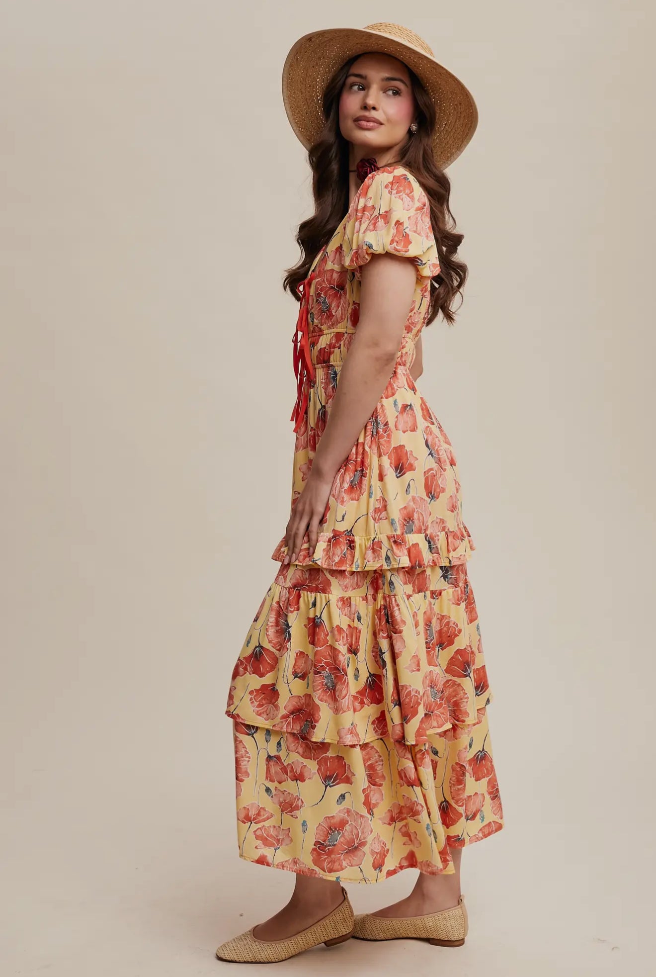 HONEY BLOOM In Yellow Floral Tiered Maci Dress