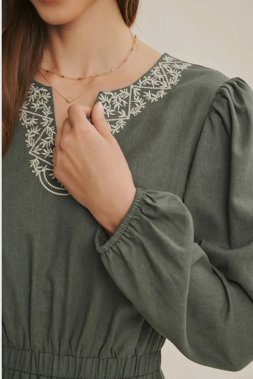 Grace dress Elegant Linen Blend with Romantic Embroidery