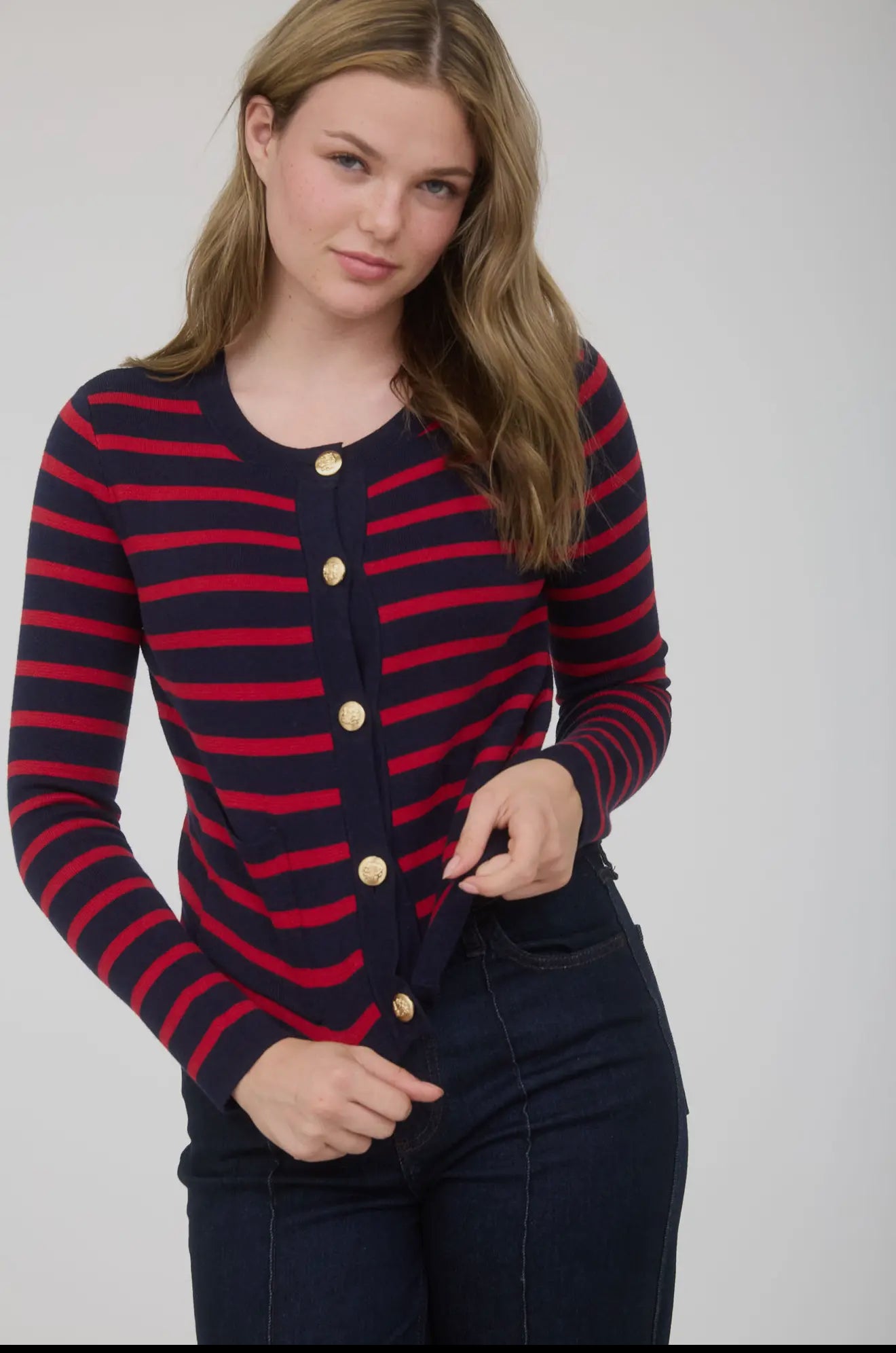 Stripe Gold Button Down Pocket
Detail Cardigan