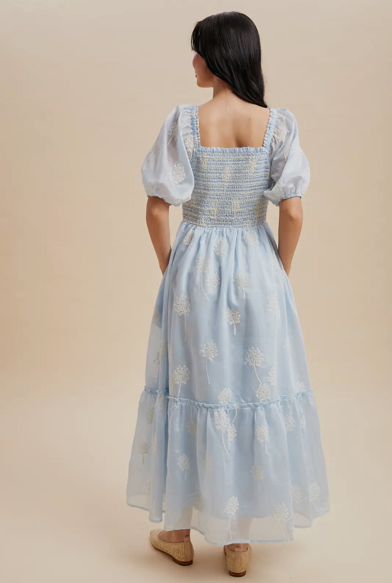 Cloud Embroidered Smocked Maxi Dress