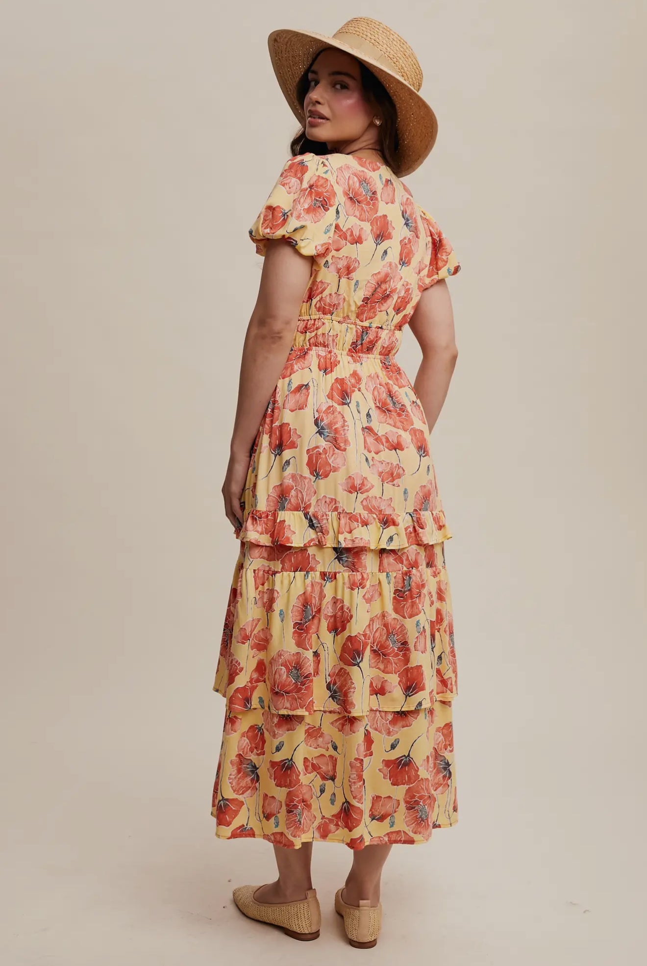 HONEY BLOOM In Yellow Floral Tiered Maci Dress
