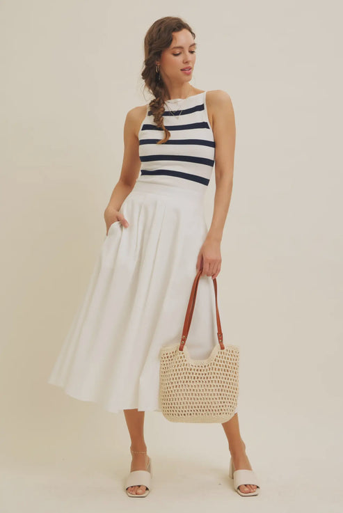 Leah Gracefully Classic Linen-Blend Pleated Midi Skirt