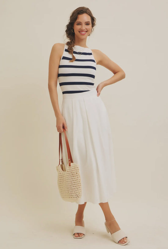 Leah Gracefully Classic Linen-Blend Pleated Midi Skirt