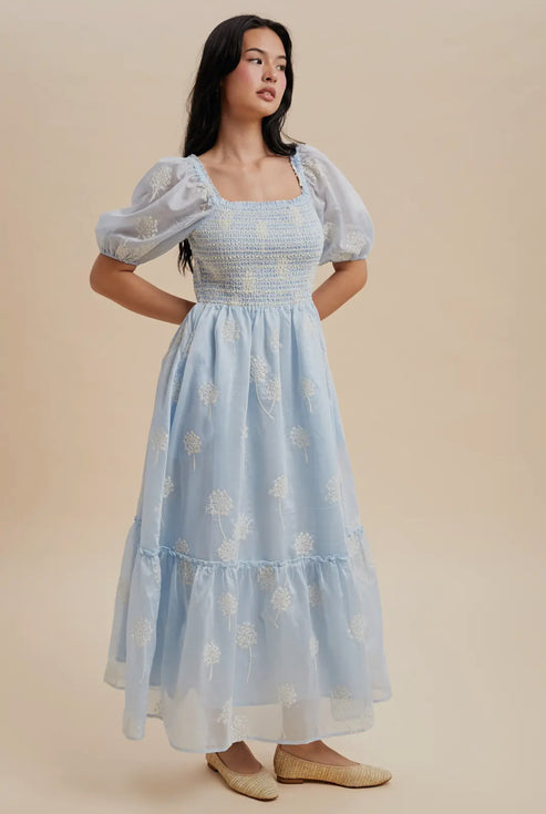 Cloud Embroidered Smocked Maxi Dress