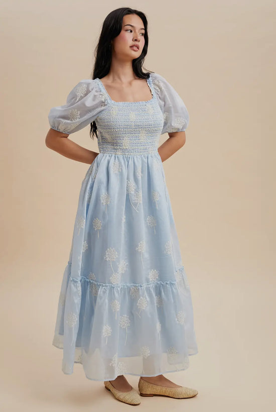 Cloud Embroidered Smocked Maxi Dress