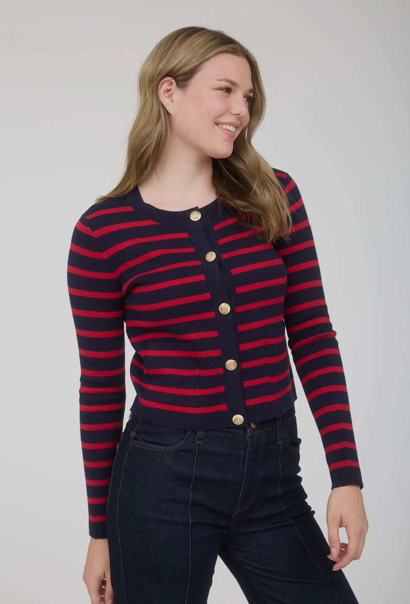 Stripe Gold Button Down Pocket
Detail Cardigan