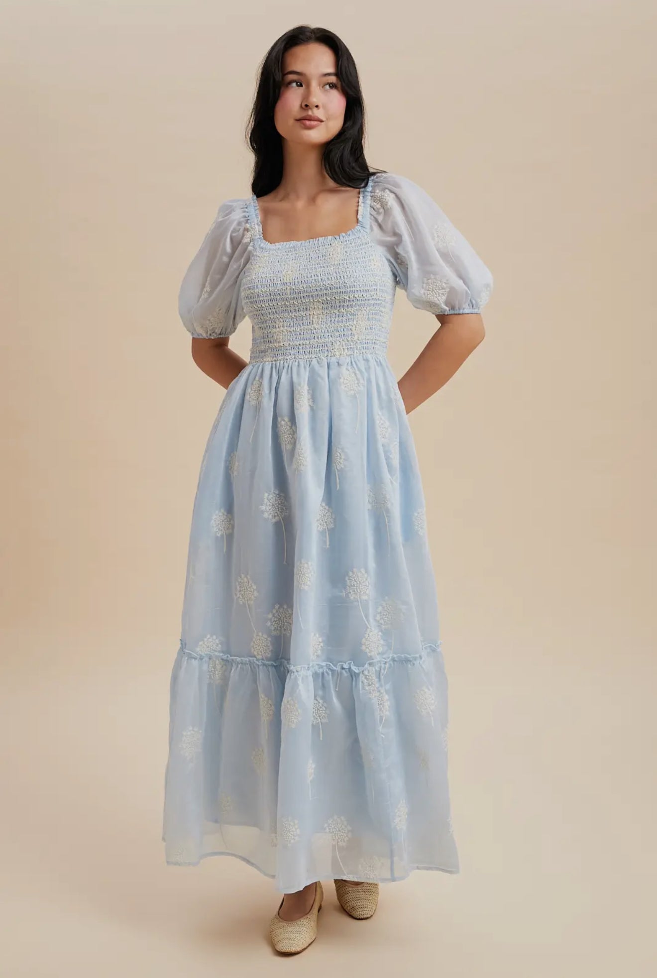 Cloud Embroidered Smocked Maxi Dress