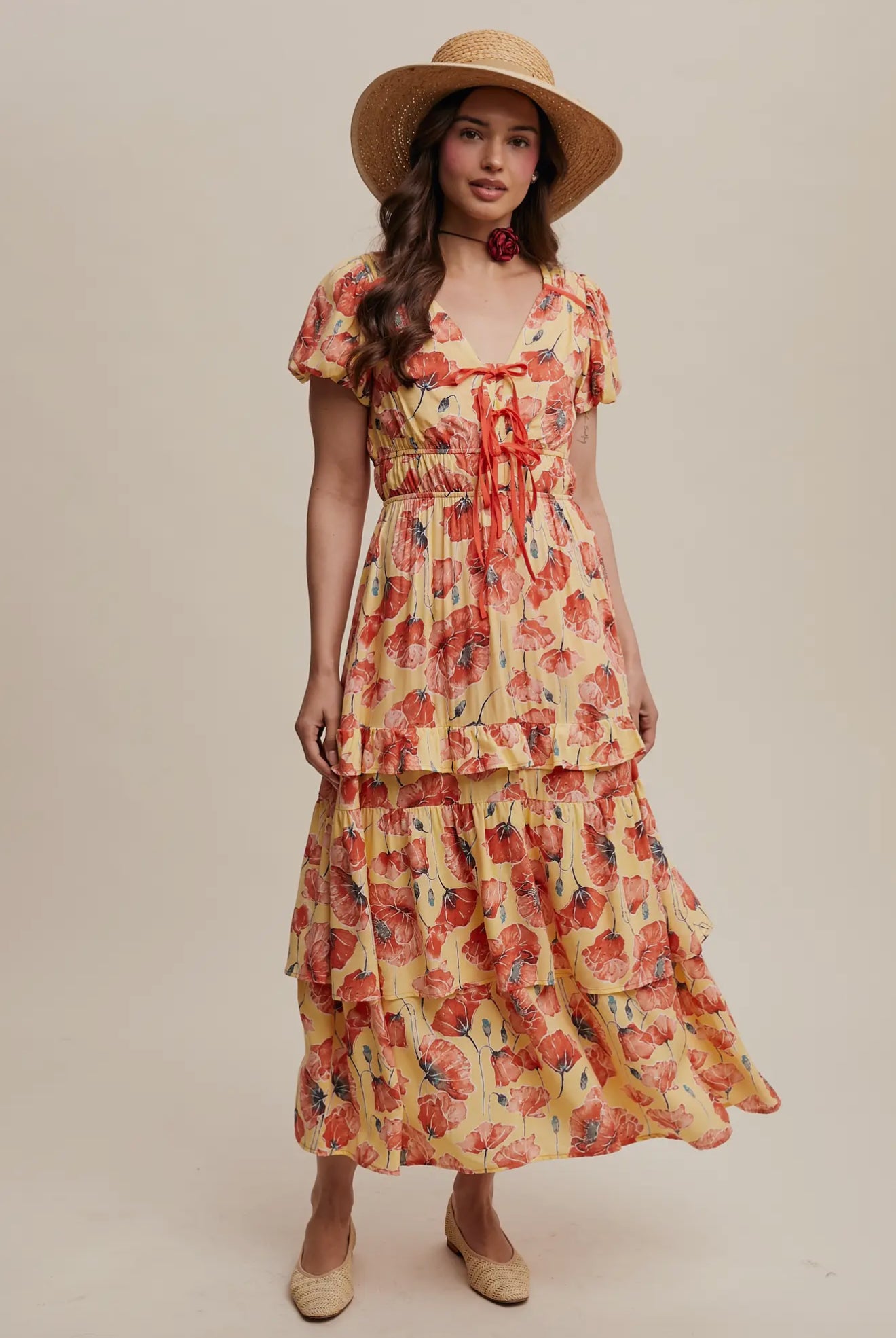 HONEY BLOOM In Yellow Floral Tiered Maci Dress