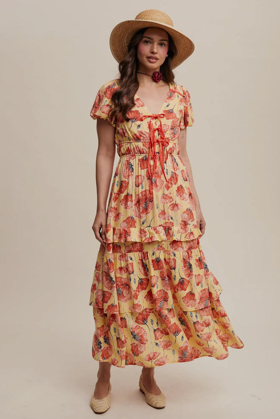 HONEY BLOOM In Yellow Floral Tiered Maci Dress