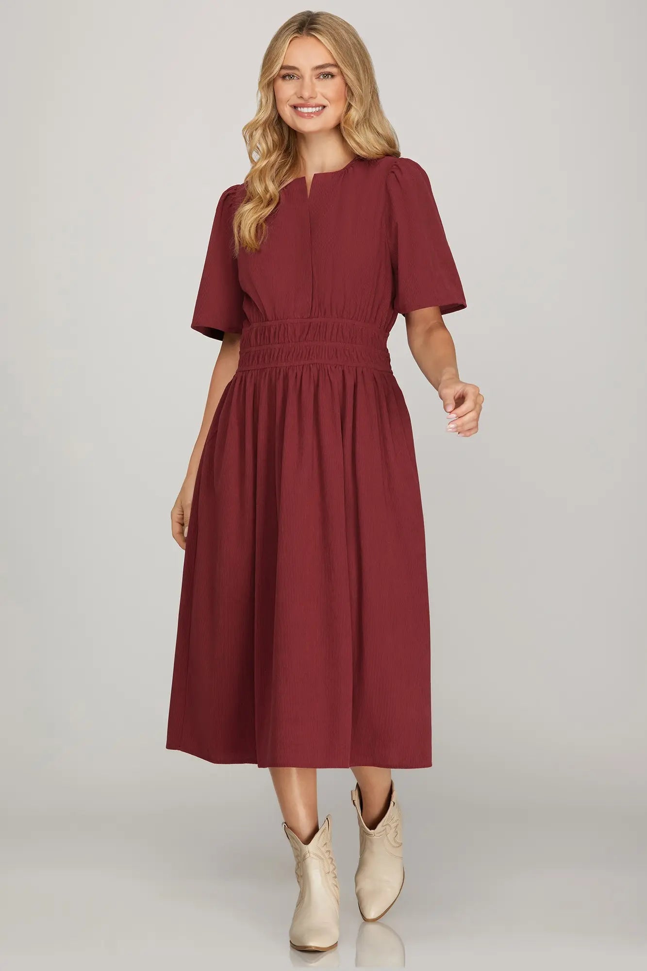 DRESS IN OLIVE, BURGUNDY, TAUPE