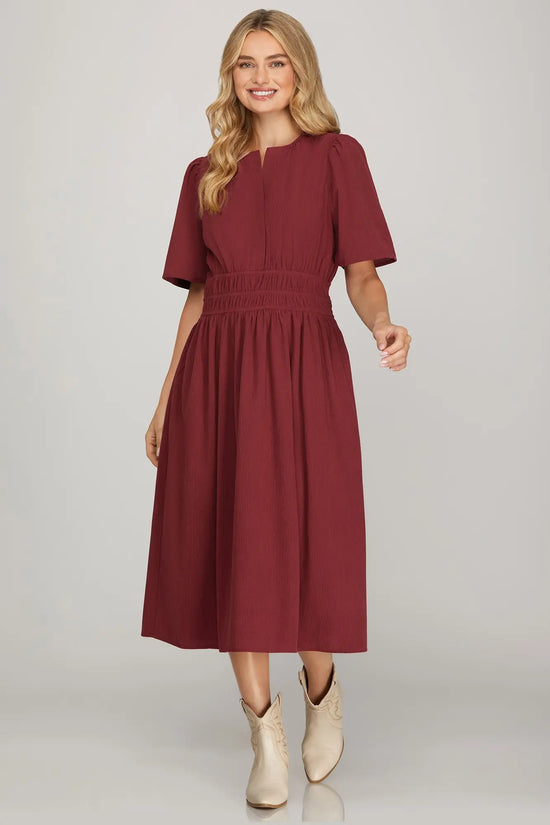 DRESS IN OLIVE, BURGUNDY, TAUPE