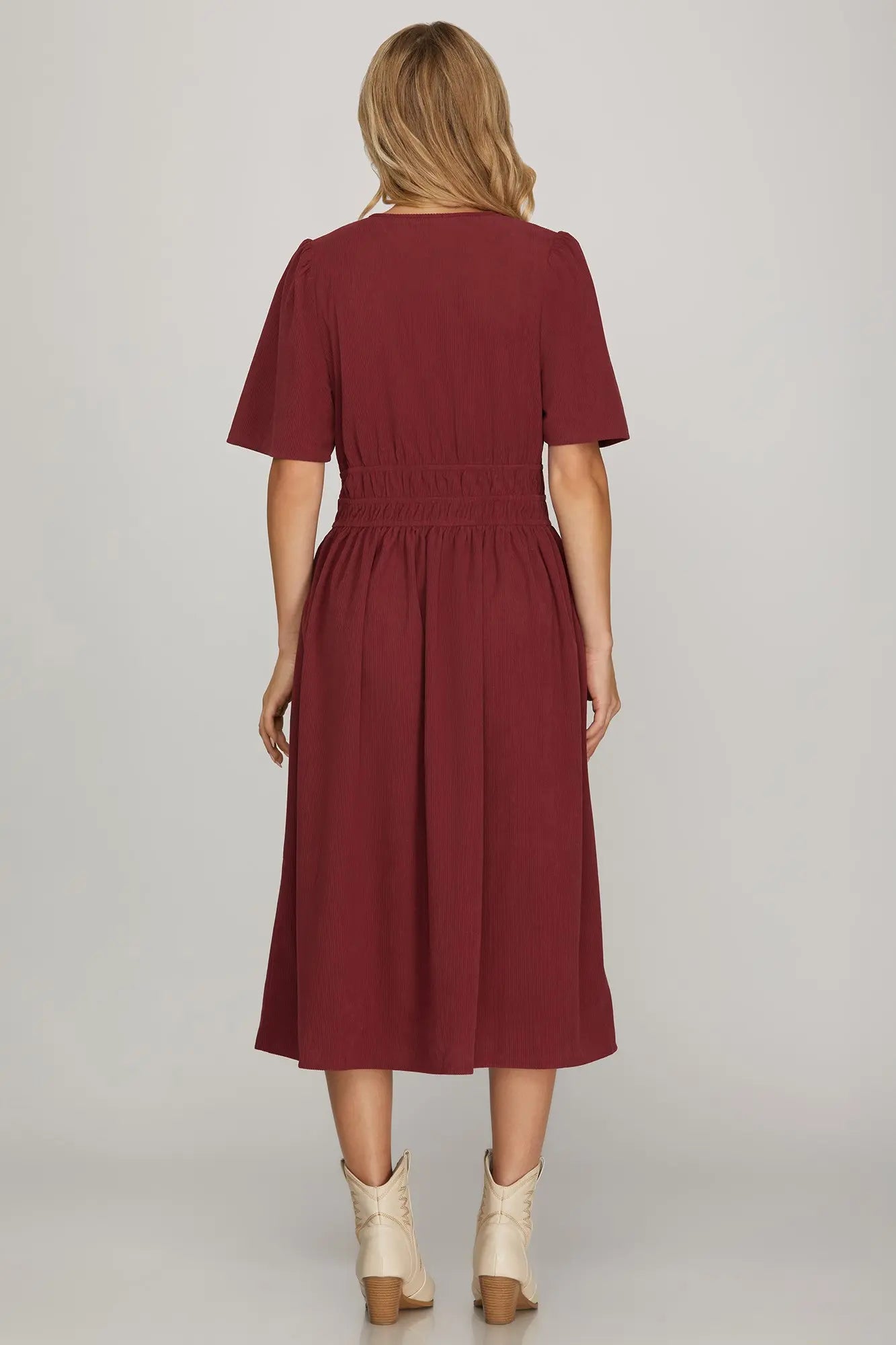 DRESS IN OLIVE, BURGUNDY, TAUPE