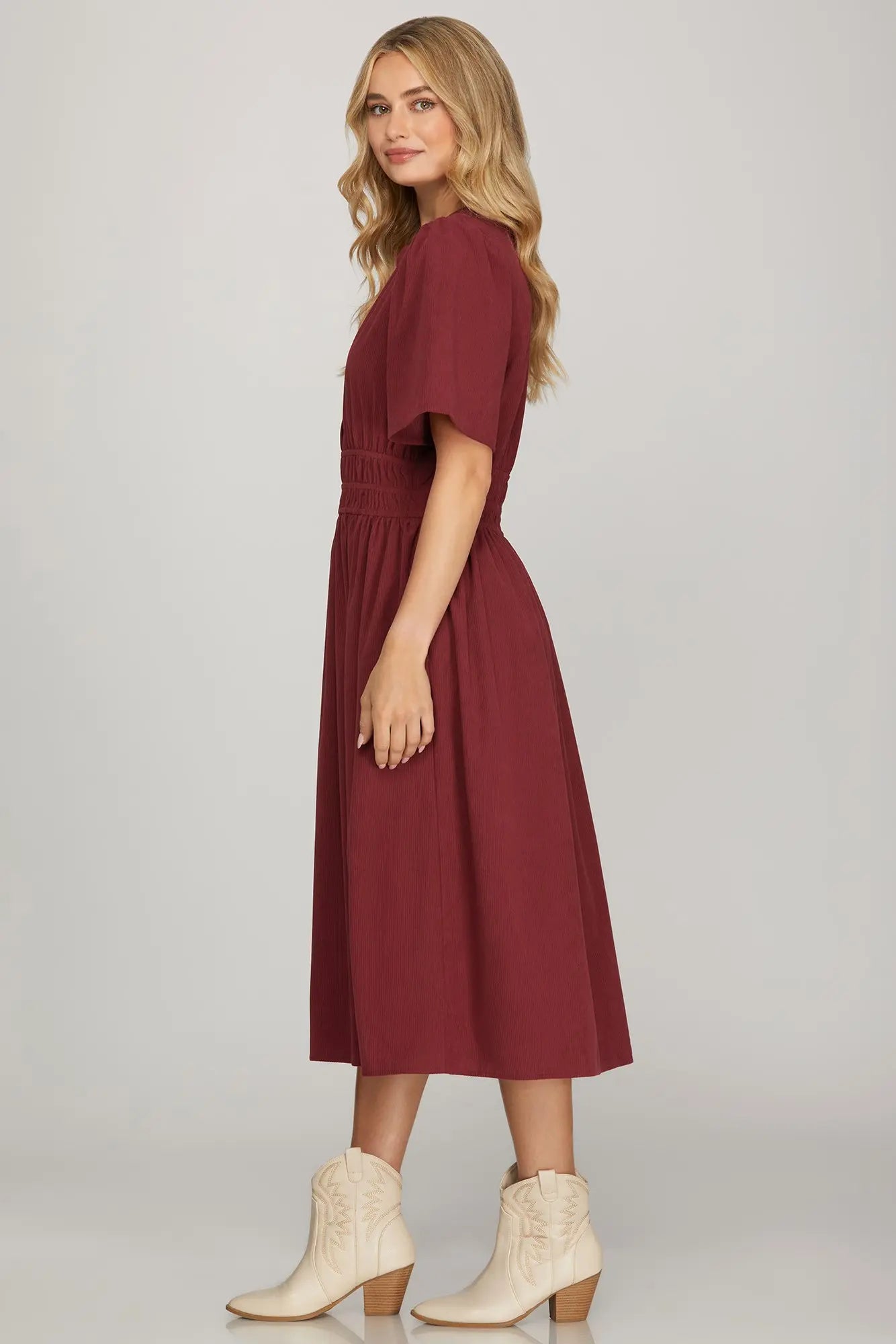 DRESS IN OLIVE, BURGUNDY, TAUPE