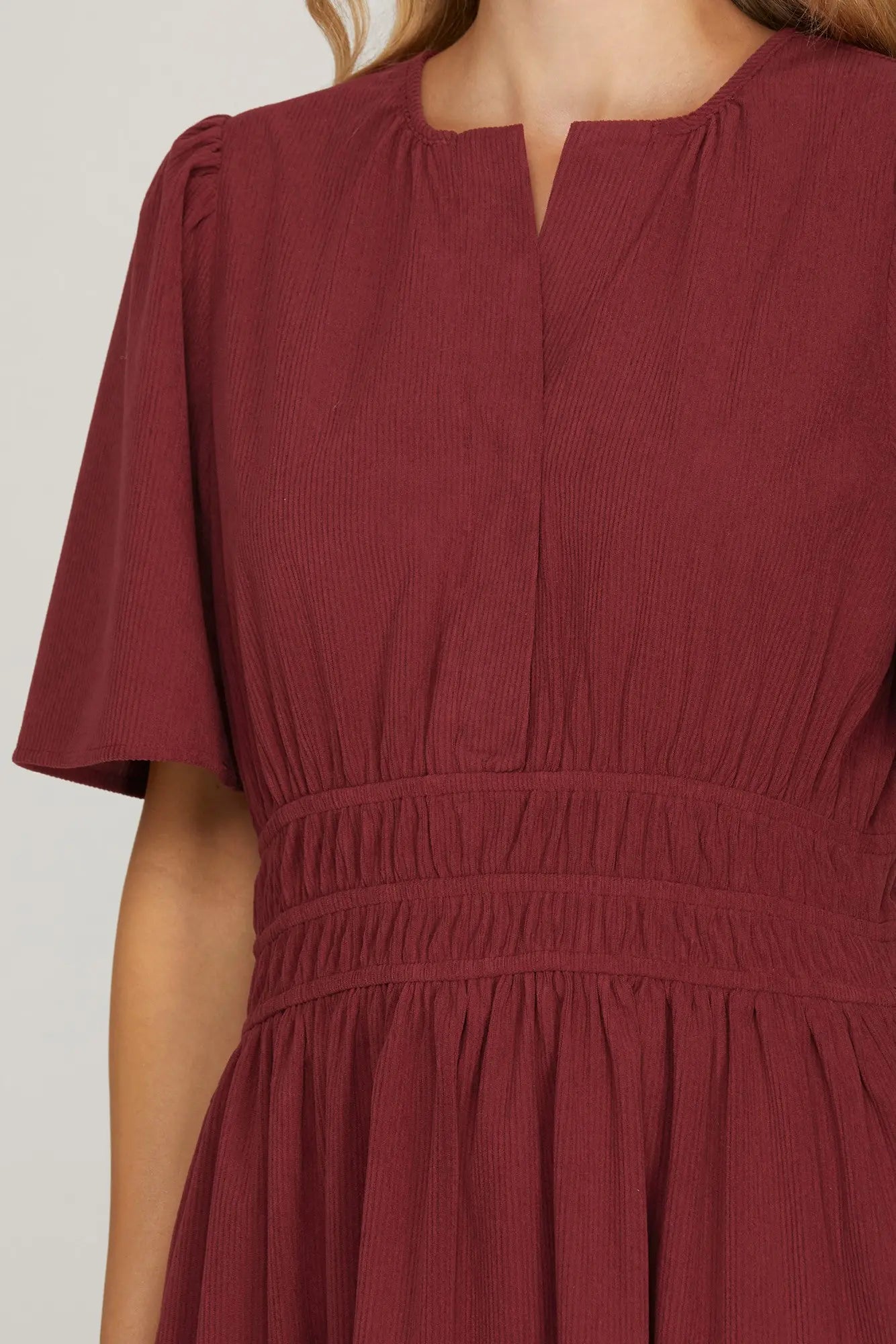 DRESS IN OLIVE, BURGUNDY, TAUPE