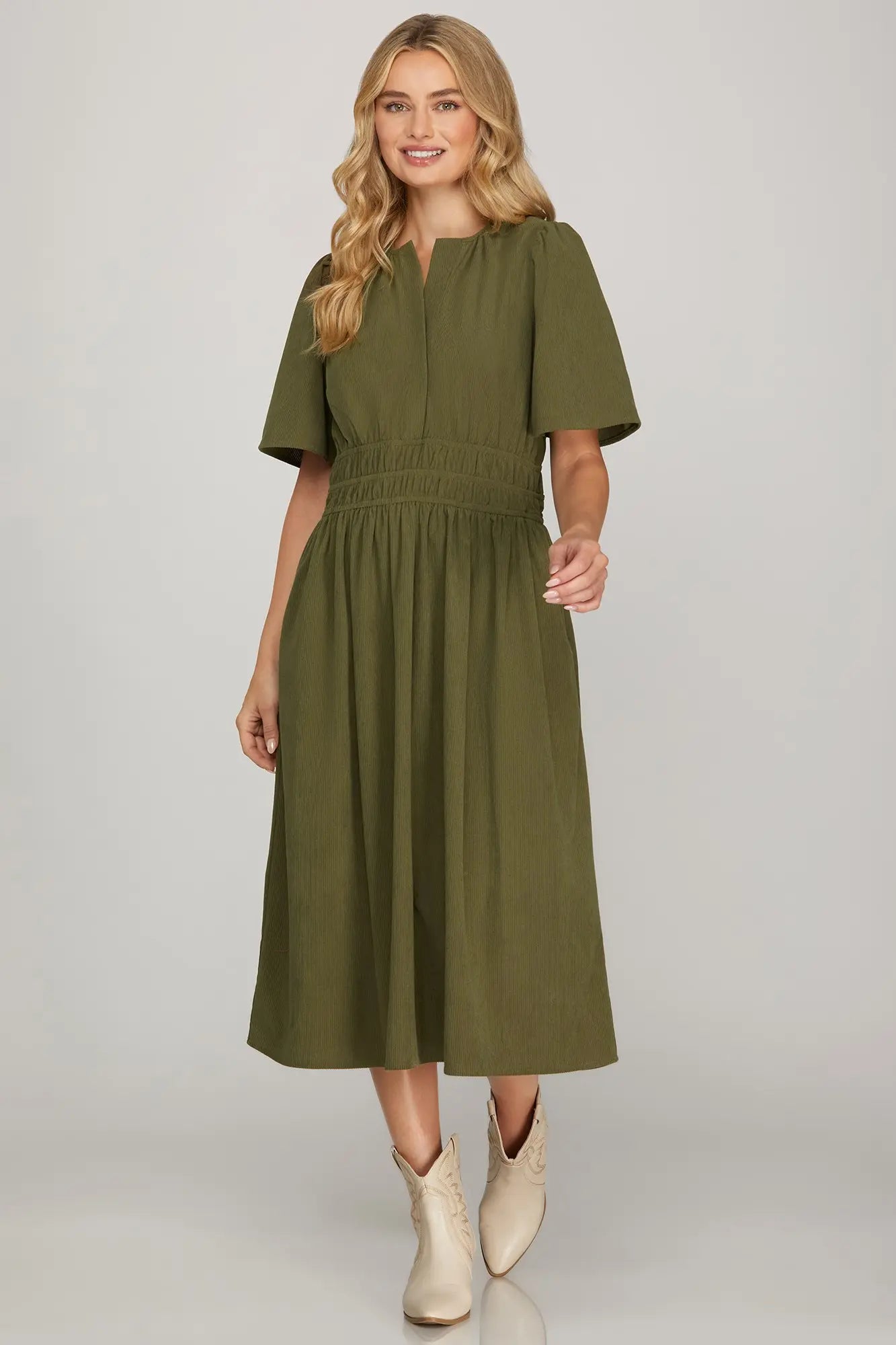 DRESS IN OLIVE, BURGUNDY, TAUPE