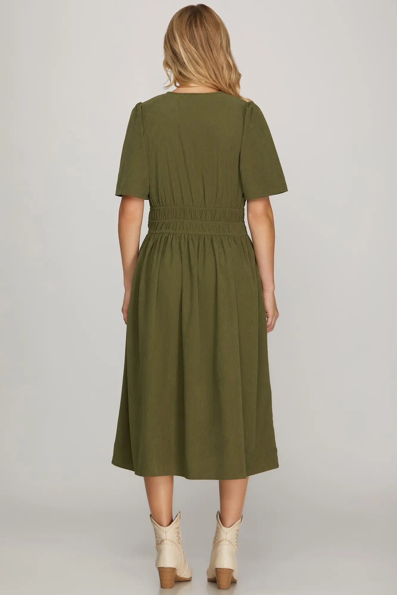 DRESS IN OLIVE, BURGUNDY, TAUPE
