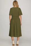 DRESS IN OLIVE, BURGUNDY, TAUPE