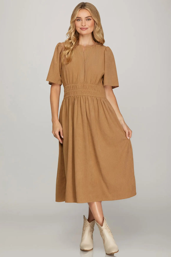 DRESS IN OLIVE, BURGUNDY, TAUPE