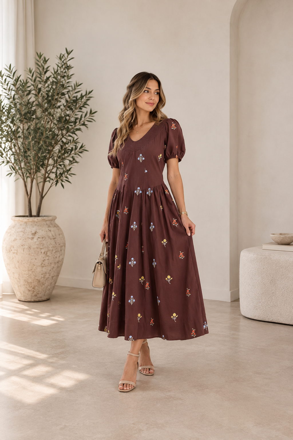 Smocked Cotton Embroidered Floral Maxi
