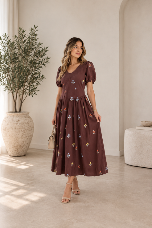 Smocked Cotton Embroidered Floral Maxi