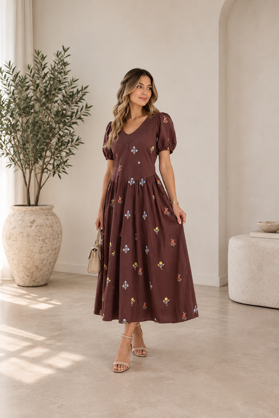 Smocked Cotton Embroidered Floral Maxi