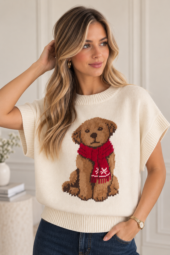 Puppy Short Sleeve Knit Sweater NUDE