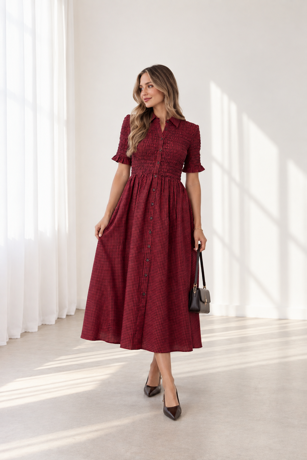 Ana Gingham burgundy dress