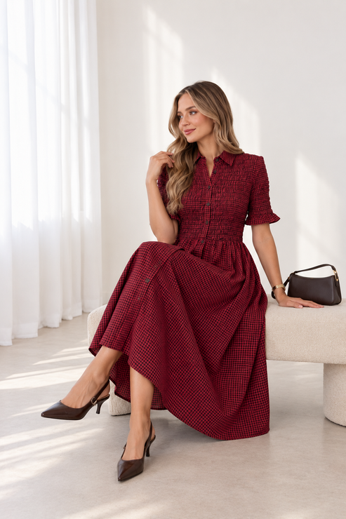 Ana Gingham burgundy dress
