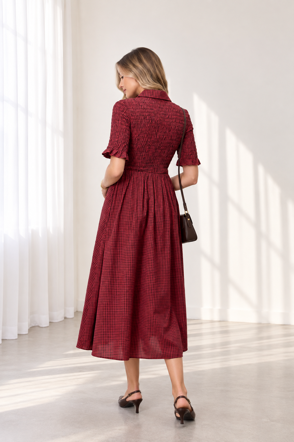Ana Gingham burgundy dress