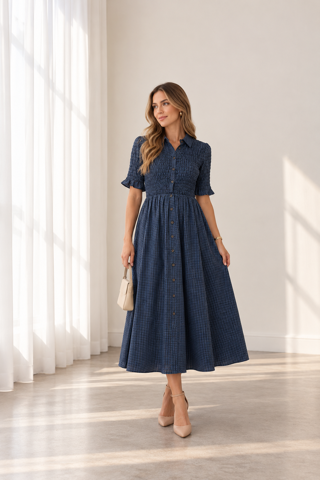 Ana Gingham navy dress