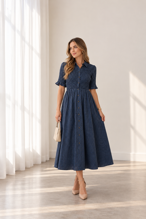 Ana Gingham navy dress