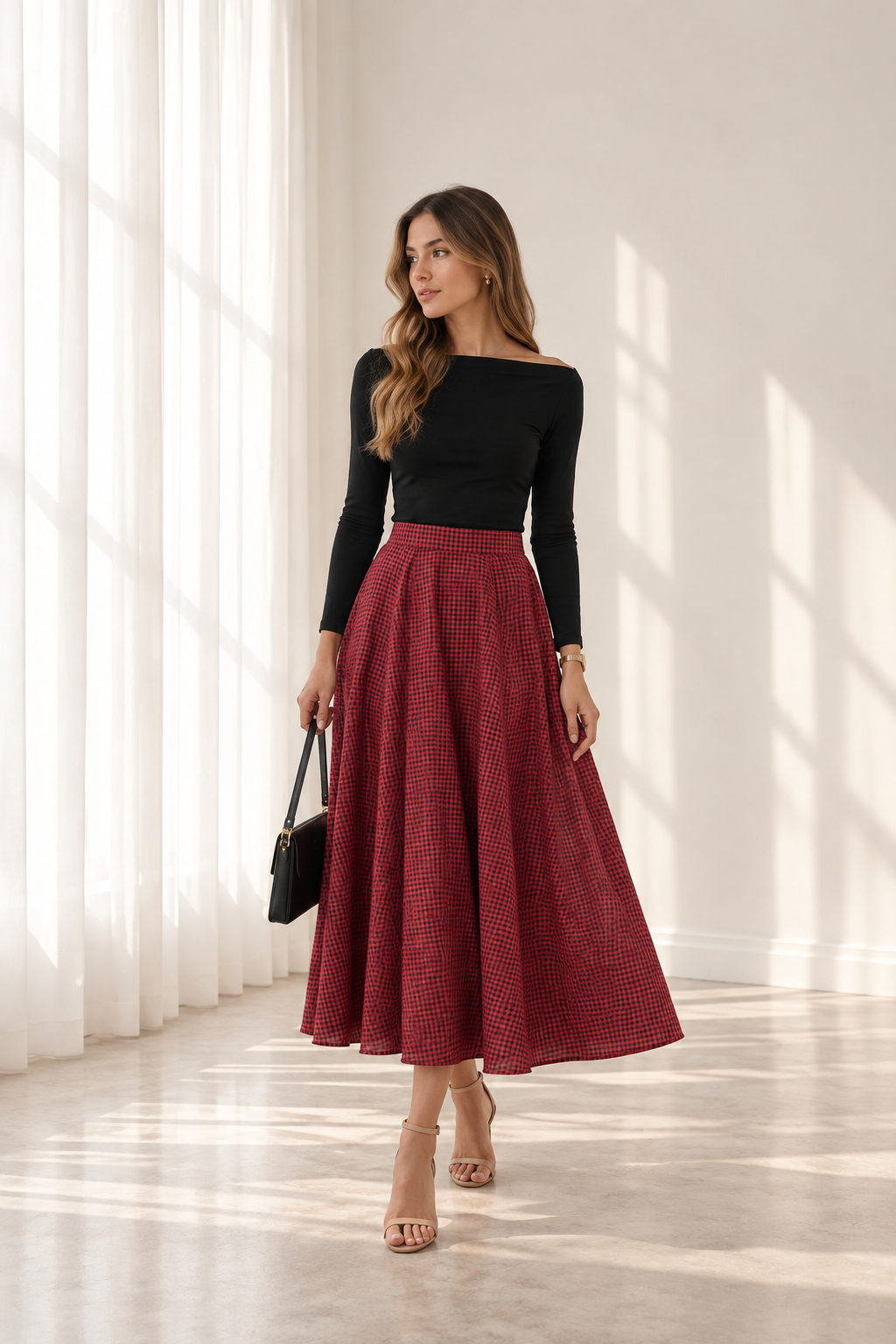Velen Gingham Maxi skit red/ black
