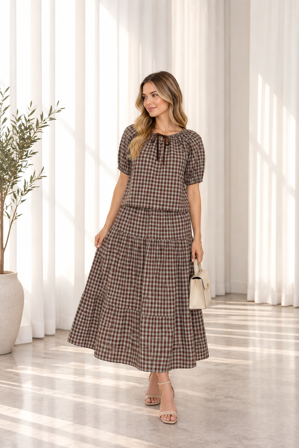 Gingham Top and Skirt Set / Mint/Chocolate