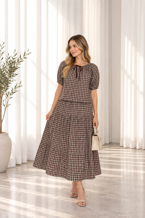 Gingham Top and Skirt Set / Mint/Chocolate