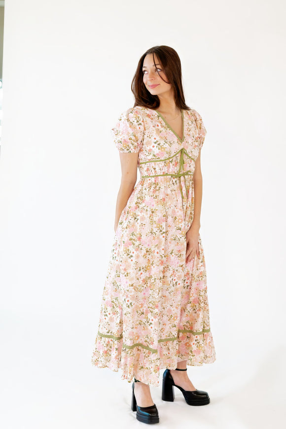 Pink Coral Multi Bow Detail Floral Contrast Puff Dress