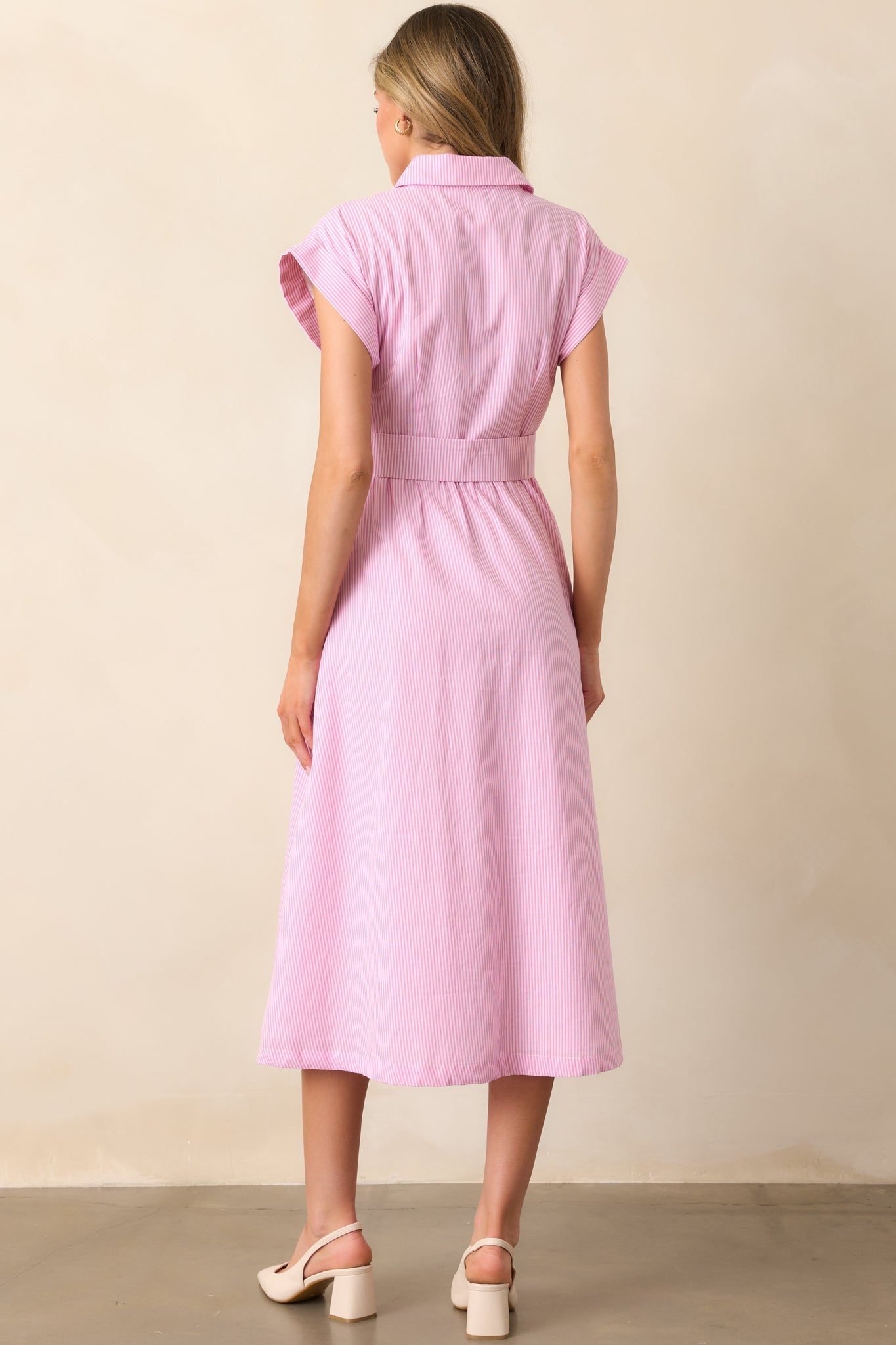 GIA PINK STRIPE BELTED COTTON MIDI DRESS