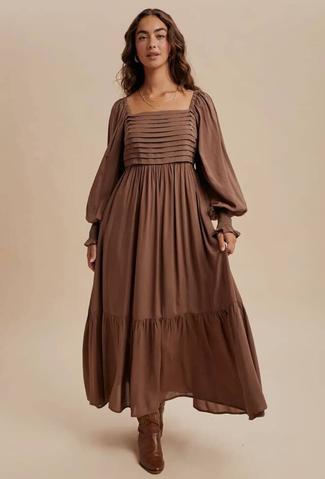 Olivia Dress in brown, green, mulberry